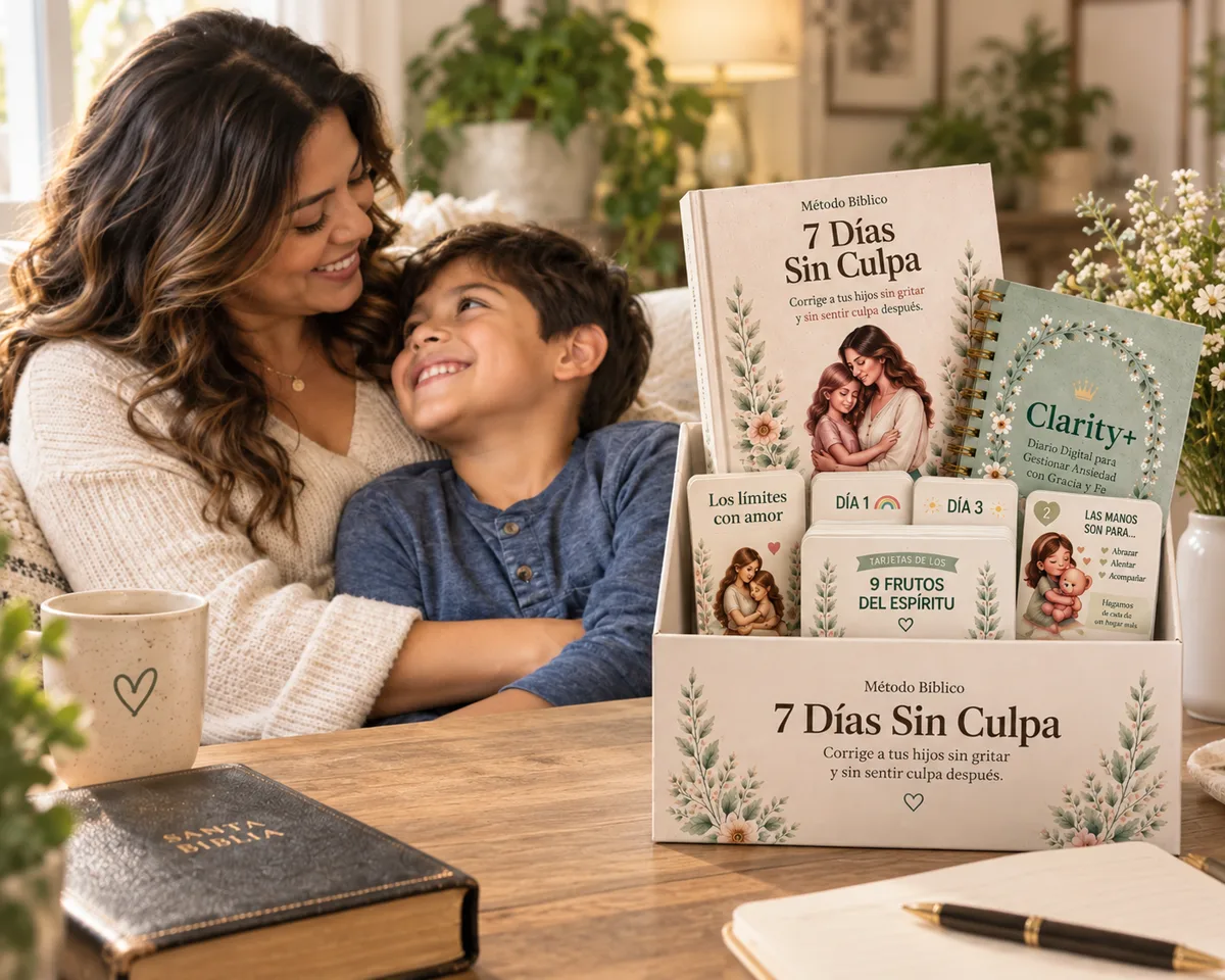 Mamá abrazando a su hijo en el sofá, junto al set del Método Bíblico 7 Días Sin Culpa con libro, diario Clarity+, tarjetas, Biblia y cuaderno