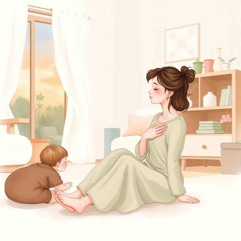 Mamá orando en casa mientras su hijo juega cerca